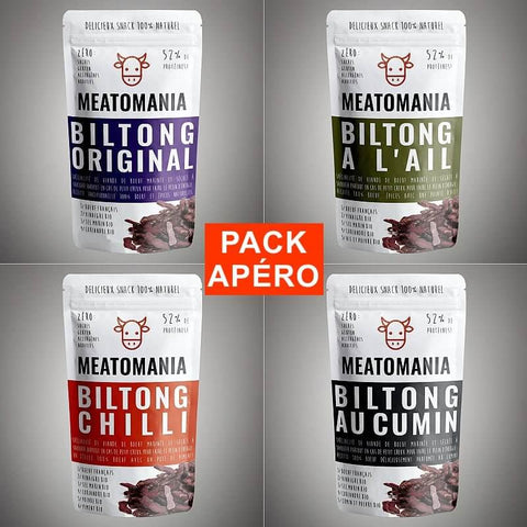 Pack Apéro Biltong Meatomania: 4 x 100g (Original, Ail fumé, Chilli et Cumin)
